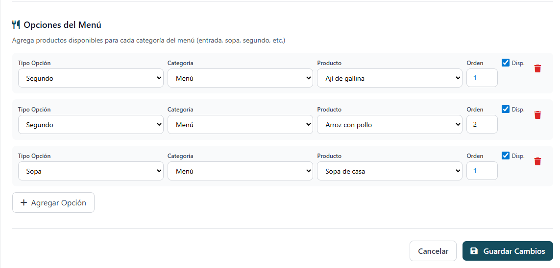Captura SmartPOS: Configuración de menú